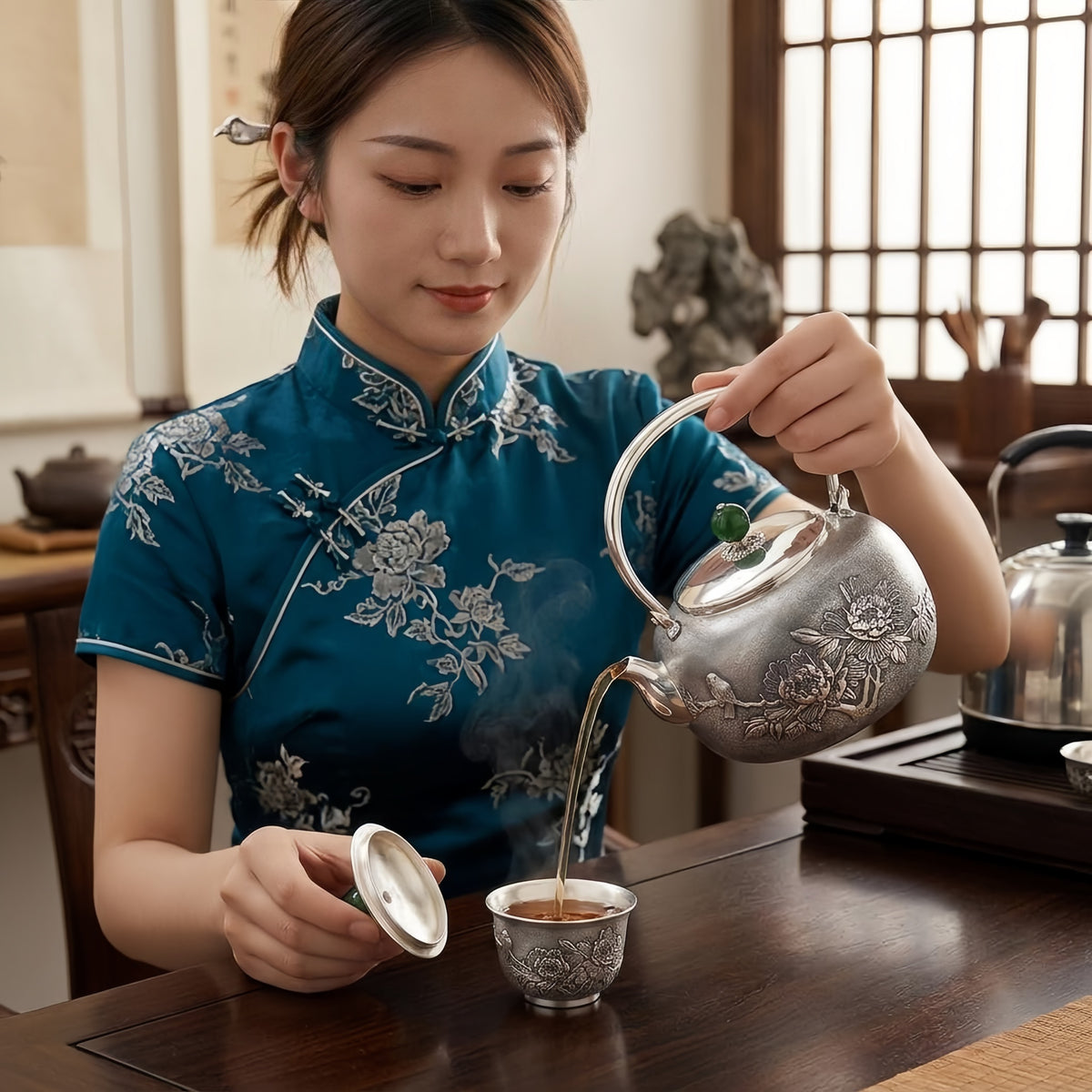 Pure 999 Fine Silver Handcrafted Silver Teapot Featuring Intricate Peony and Bird Relief with a Green Jade Finial - Handicraft
