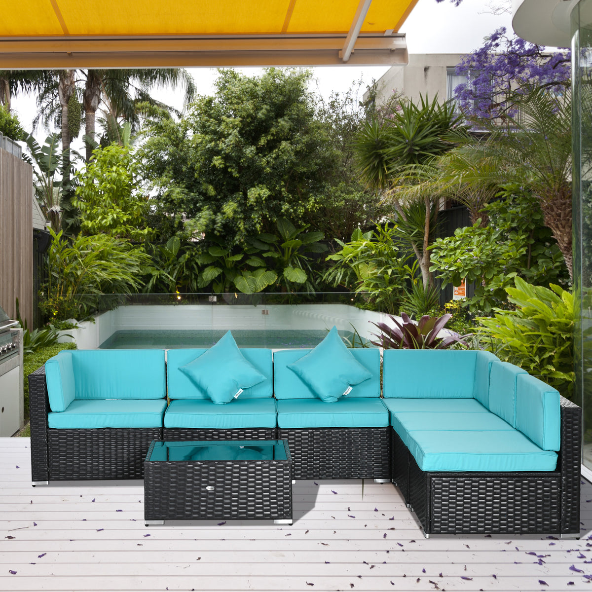 7-Piece Patio Furniture Set, Outdoor Wicker Conversation Set, All Weather PE Rattan Sectional Sofa Set with Cushions and Tempered Glass Top Coffee Table, Pillows, Turquoise