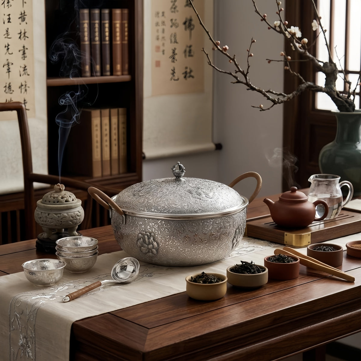 Pure 999 Fine Silver Exquisite Handcrafted Silver Serving Bowl with Ornate Floral Engravings and Woven Handles - Handicraft