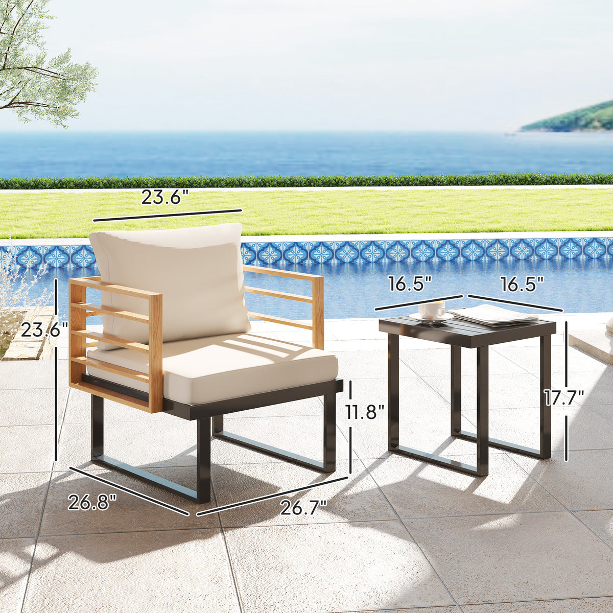 3 Piece Metal Bistro Set, Small Patio Furniture Set With Cushions, Armchairs, Slatted Table For Backyard Balcony, Beige