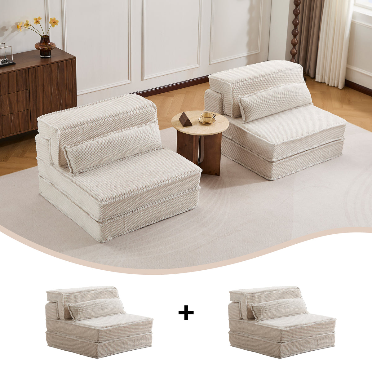 Compression Mahjong Sofa,Convertible Floor Sofa Bed,DIY Boneless Modular Sectional Sofa,No Assembly Required,Circle Fleece Fabric,Oversized 2 Seater With 2 Pillows,White