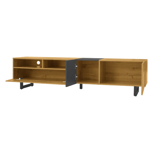 Colorblock TV Cabinet, Simple Contrasting Color Design, Three Doors And Two Compartments, U-Shaped Metal Legs, Retro Wood Grain