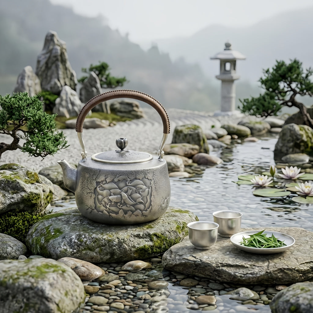 925 Sterling Silver Vintage Handcrafted Silver Teapot with Exquisite Koi Fish and Wave Relief Design - Handicraft