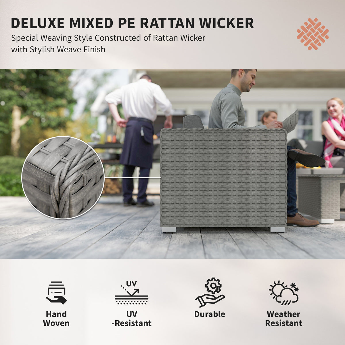 6 Pieces Outdoor PE Rattan Wicker Corner Sofa Set With 10cm Thick Padded Cushions, Aluminium Conservatory Furniture With Glass Top Coffee Table, Footstools, Grey
