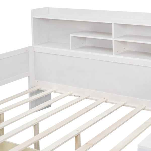 Wooden Full-size Sofa Bed With Storage Rack, Multifunctional Bed With Two Storage Drawers And Desk, Antique White