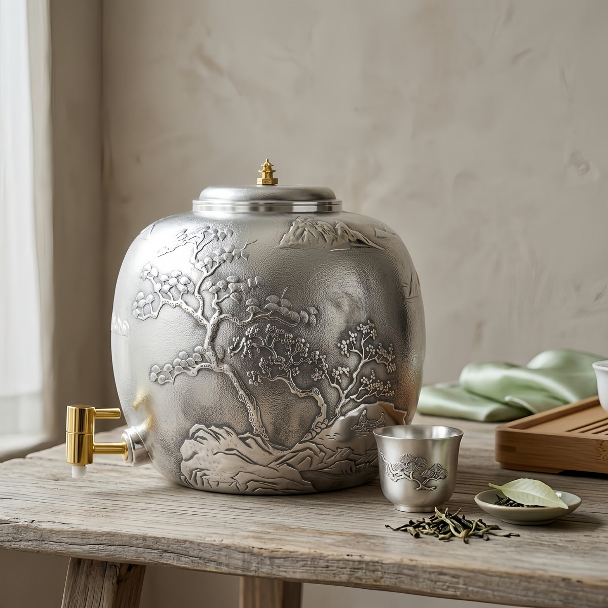 925 Sterling Silver Exquisite Silver-Tone Beverage Dispenser with Traditional Landscape Relief Carvings and Ornate Accents - Handicraft