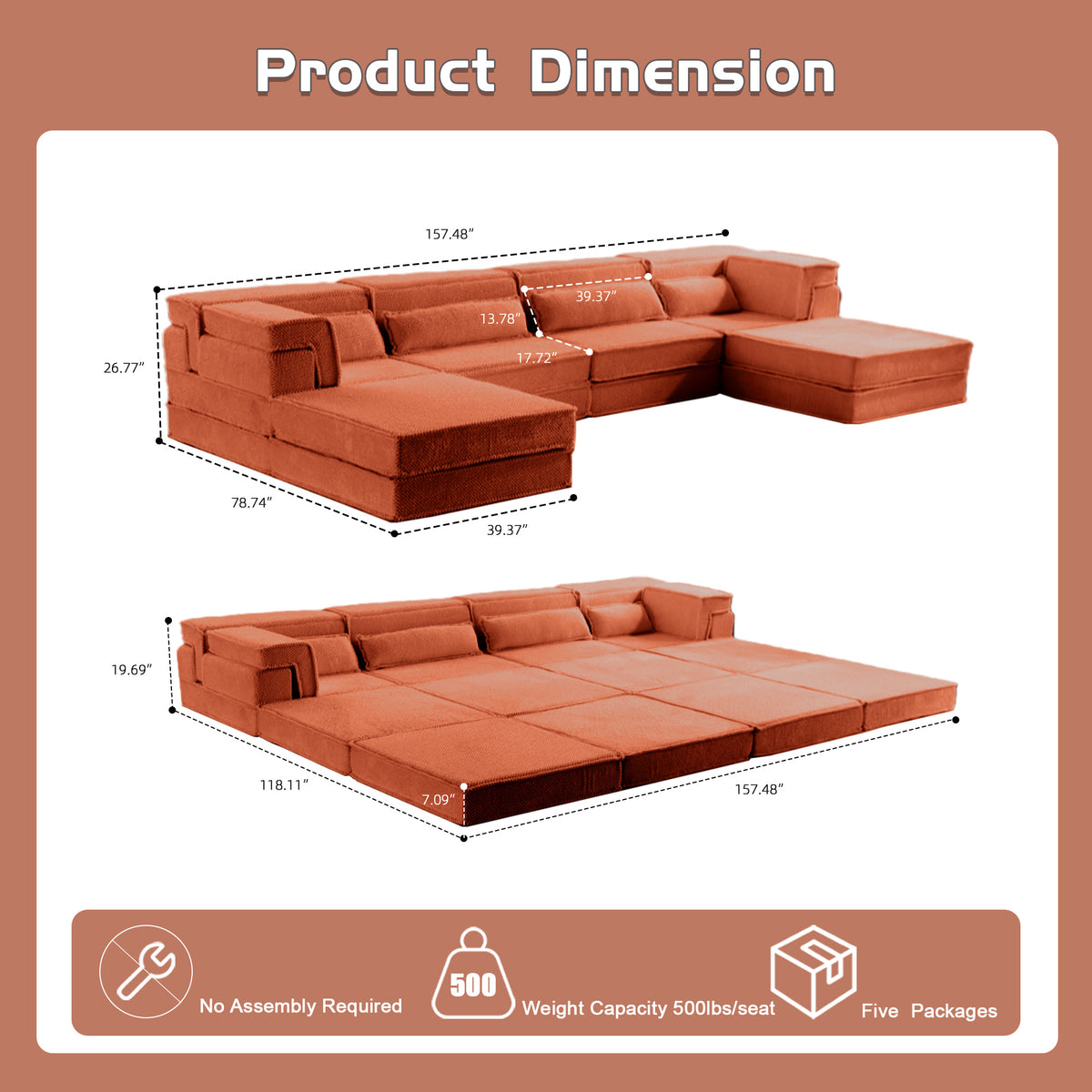 Compression Mahjong Sofa,Convertible Floor Sofa Bed,DIY Boneless Modular Sectional Sofa,No Assembly Required,Circle Fleece Fabric,Oversized 4 Seater With 2 Ottoman,Orange