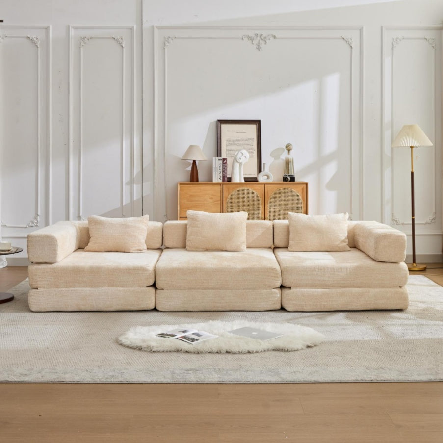 Compression Sofa,Convertible Floor Sofa Bed With Fixed-Shape Frame, Boneless Modular Sectional Sofa,No Assembly Required,Chenille Fabric,for Living Room Bedroom,Beige