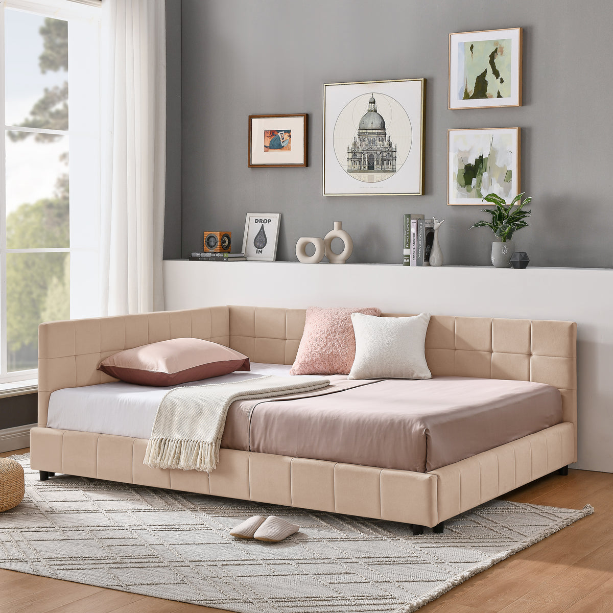 Full Size Upholstered Tufted  Bed Frame, Sofa Bed Frame With Comfortable Backrest And Armrests, Full Size Bed For Bedroom, Living Room,Velvet, PINK 80.5x59x30.5