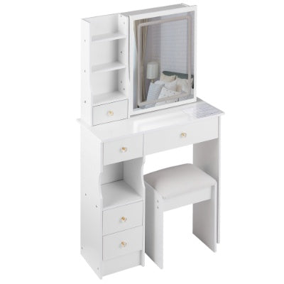 29.2 Small Size Left Drawer Desktop Vanity Table  Cushioned Stool, Large Sliding, Touch Control, Tri-color Switching, Brightness Adjust LED Mirror, High Capacity Storage, Suitable For Small Space
