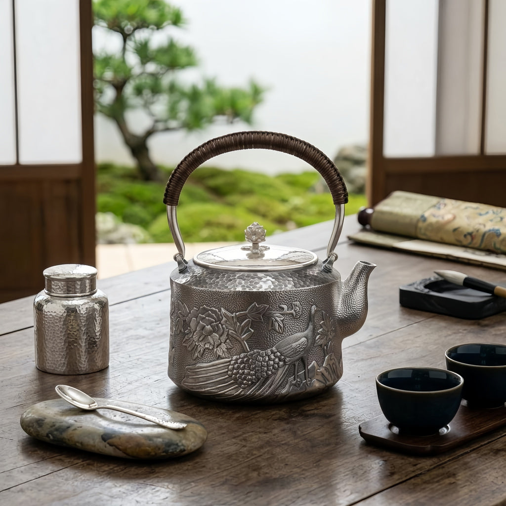 925 Sterling Silver Exquisite Handcrafted Silver Teapot with Intricate Peacock and Floral Relief - Handicraft
