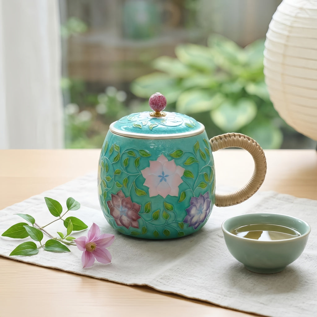 925 Sterling Silver Elegant Turquoise Cloisonné Floral Mug with Woven Handle and Matching Lid - Handicraft
