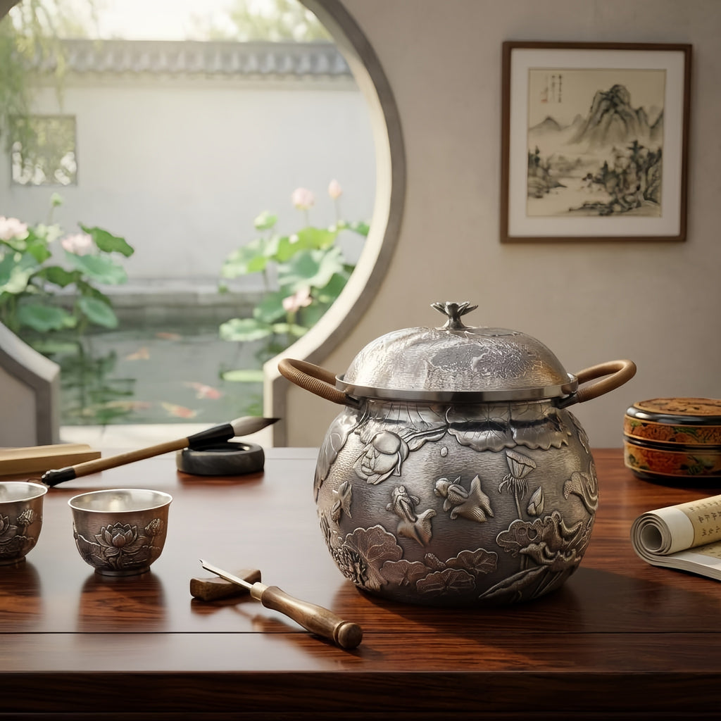 Pure 999 Fine Silver Handcrafted Silver-Toned Pot Featuring Elaborate Silverfish and Lotus Relief Carvings with Rattan Handles - Handicraft