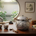 Pure 999 Fine Silver Handcrafted Silver-Toned Pot Featuring Elaborate Silverfish and Lotus Relief Carvings with Rattan Handles - Handicraft