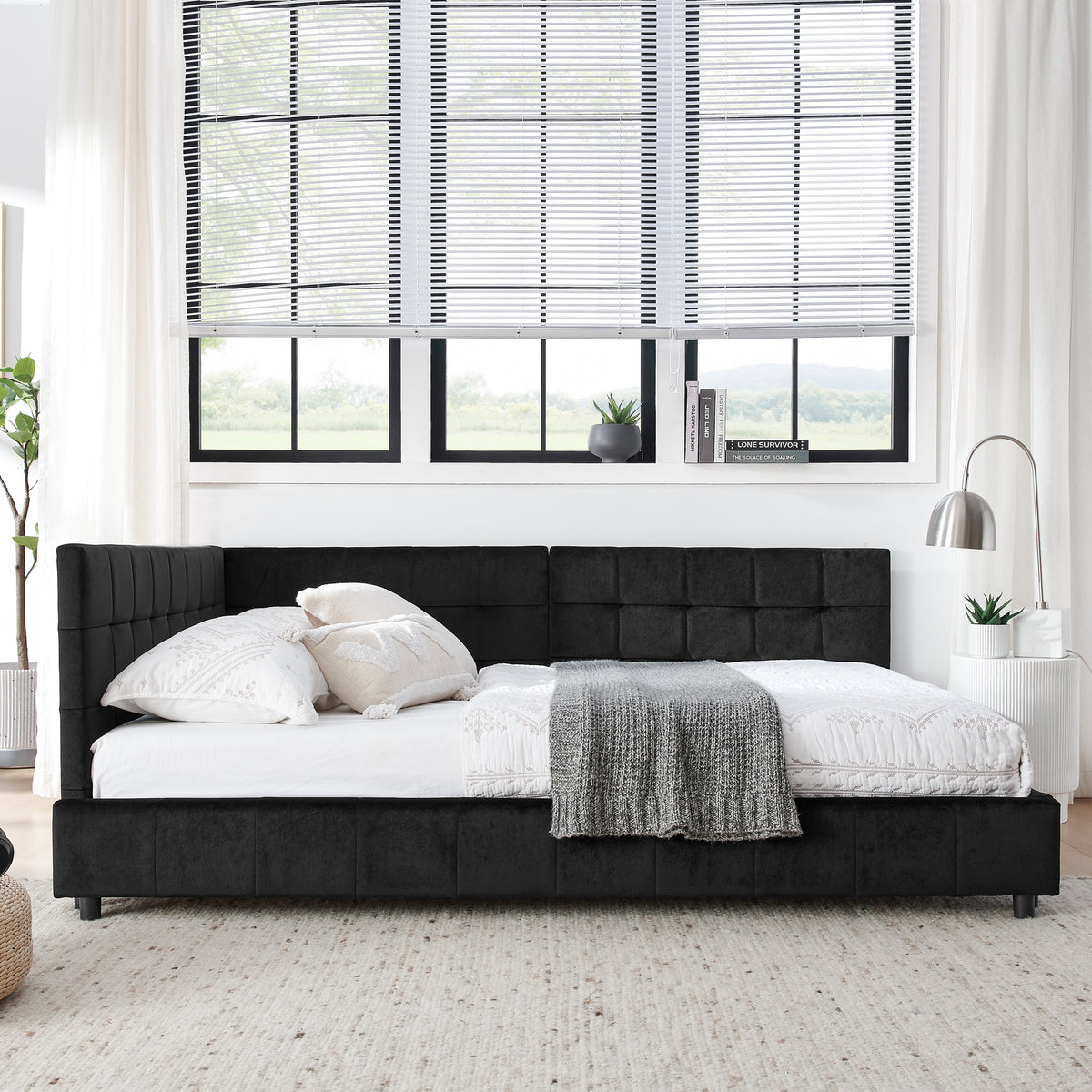 Full Size Upholstered Tufted  Bed Frame, Sofa Bed Frame With Comfortable Backrest And Armrests, Full Size Bed For Bedroom, Living Room,Velvet, Black 80.5x59x30.5