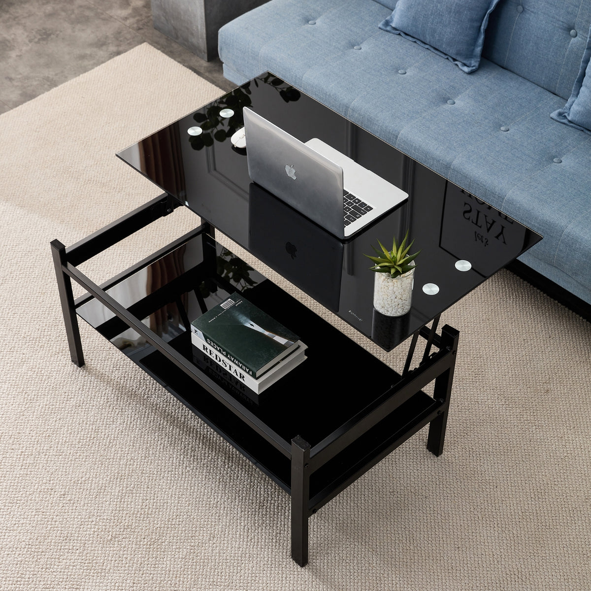 Glass Lift Top Coffee Table, 2-Layer Tempered Glass, Modern Simple, Black