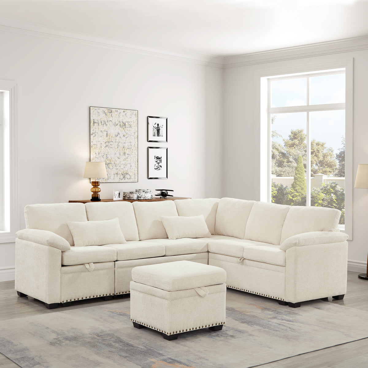 97 Inch L-Shaped Corner Sectional Sofa Couch With Seat And Storage Ottoman,Chenille Fabric Corner Couch With 7 Seats & 2 Pillows For Living Room, Beige