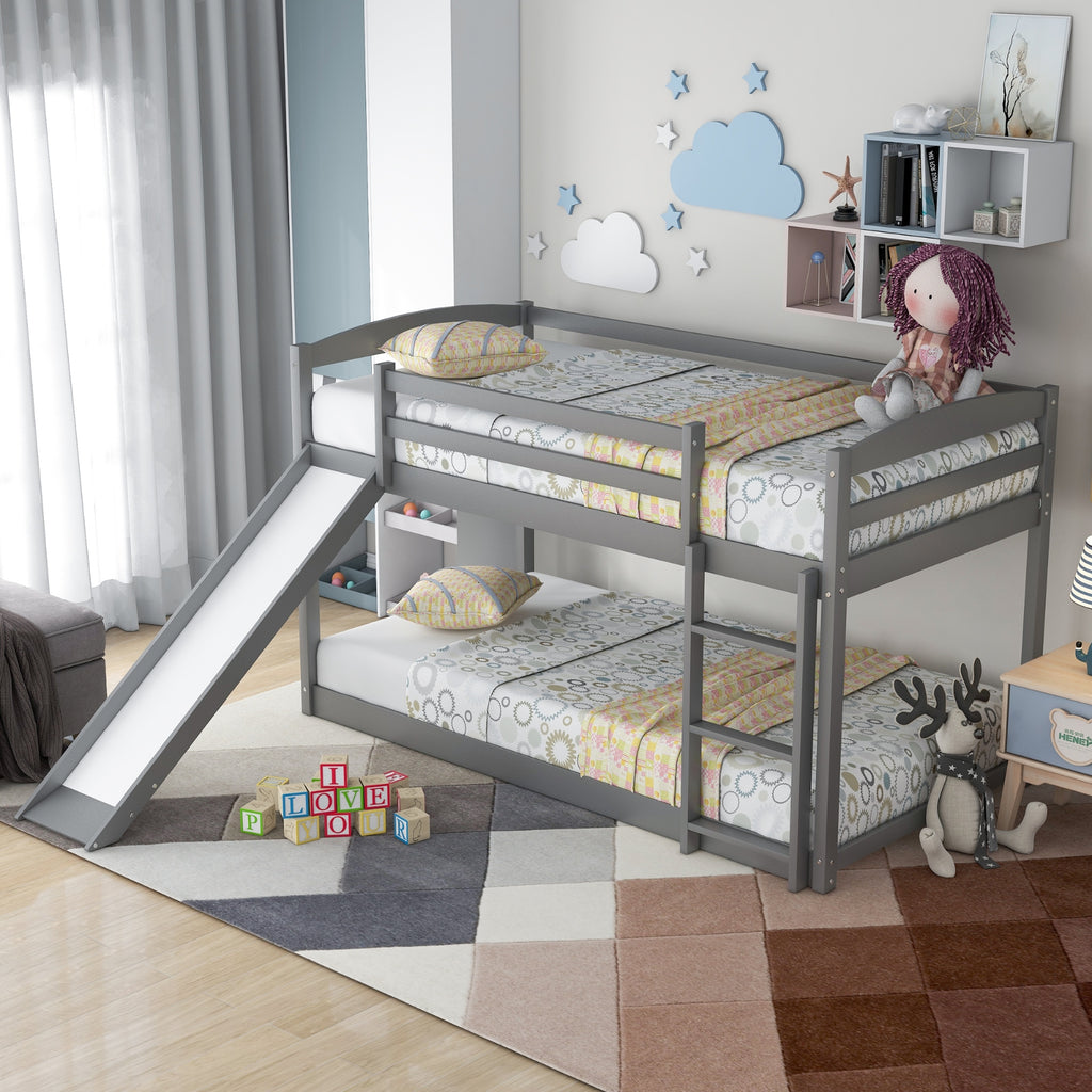 Gray Twin Twin Bunk Bed Convertible Slide Ladder