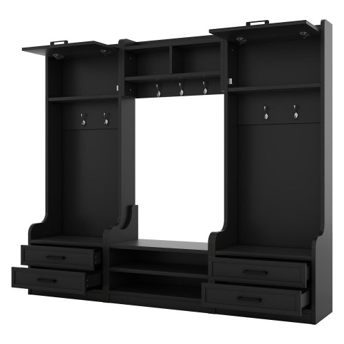4-in-1 Detachable Hall Tree With Storage And 7 Hooks, Multiple Functions Hallway Coat Rack With Storage Drawers And Cabinet, Black Shoe Bench For Entryway Hallway