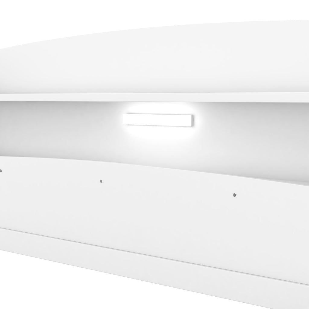 Wood Full Size Platform Bed With LED, Storage Headboard & Guardrail, White