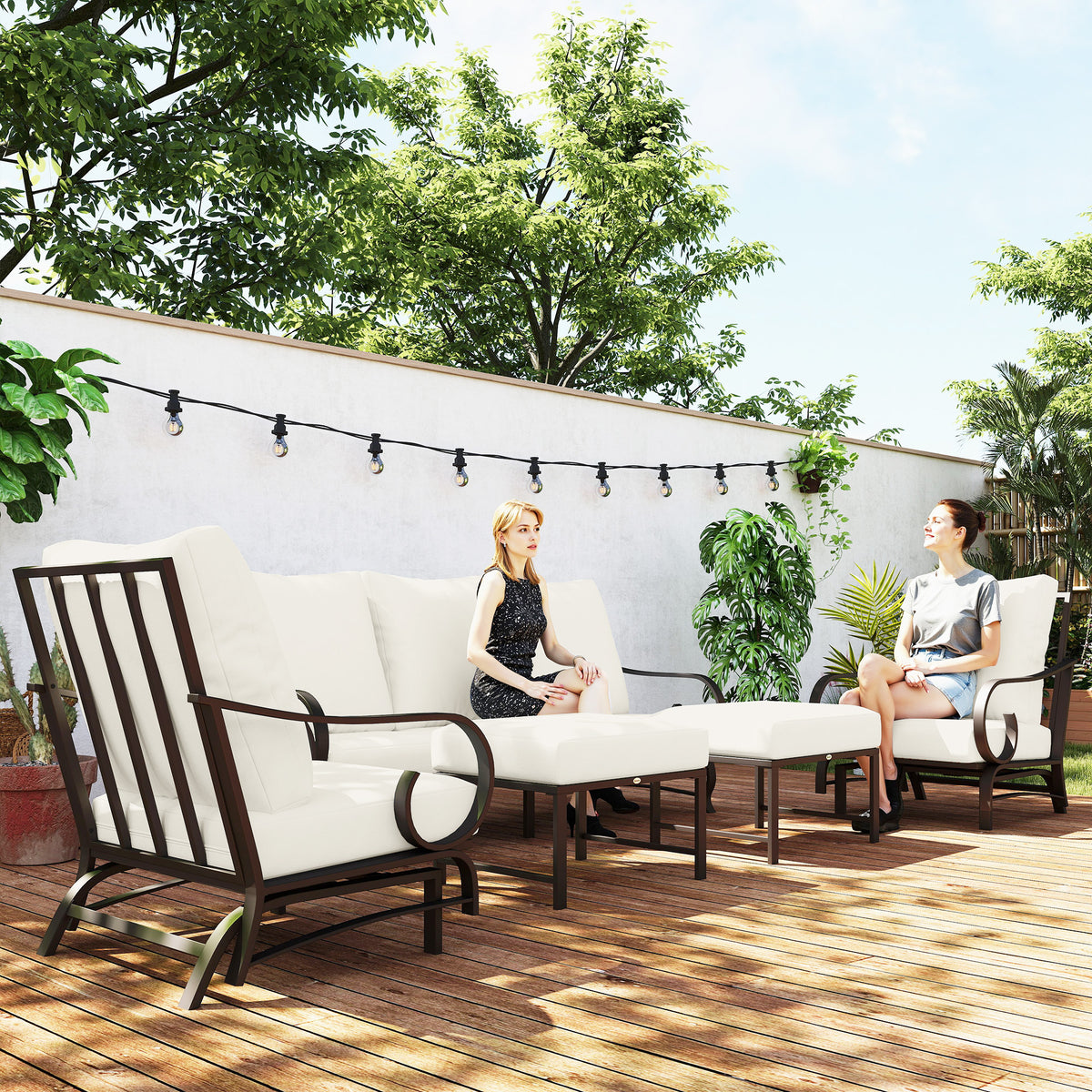 5 Piece Backyard Patio Furniture Set, Outdoor Furniture Set with 2 Rocking Chairs, 3-Seat Sofa, and 2 Ottomans, Beige