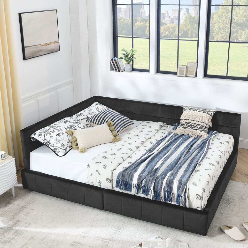 Queen Size Storage Upholstered Tufted Bed Frame, Sofa Bed Frame With Comfortable Backrest And Armrests, Queen Size Bed For Bedroom, Living Room,Velvet, BLACK 85.5x64.5x29.5