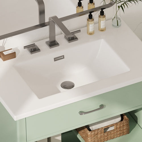 31 Bathroom Vanity With Tempered Glass, Modern Bathroom Cabinet With Rubber Wood Legs And Soft Close Doors, Green