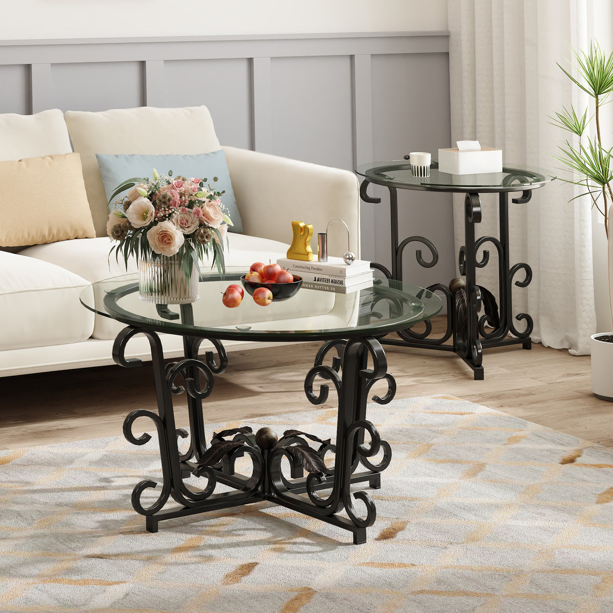 3-Piece Coffee Table Set, Tempered Glass Surface With Sturdy Metal Frame Modern Living Room Sets 1 Coffee Table & 2 End Tables