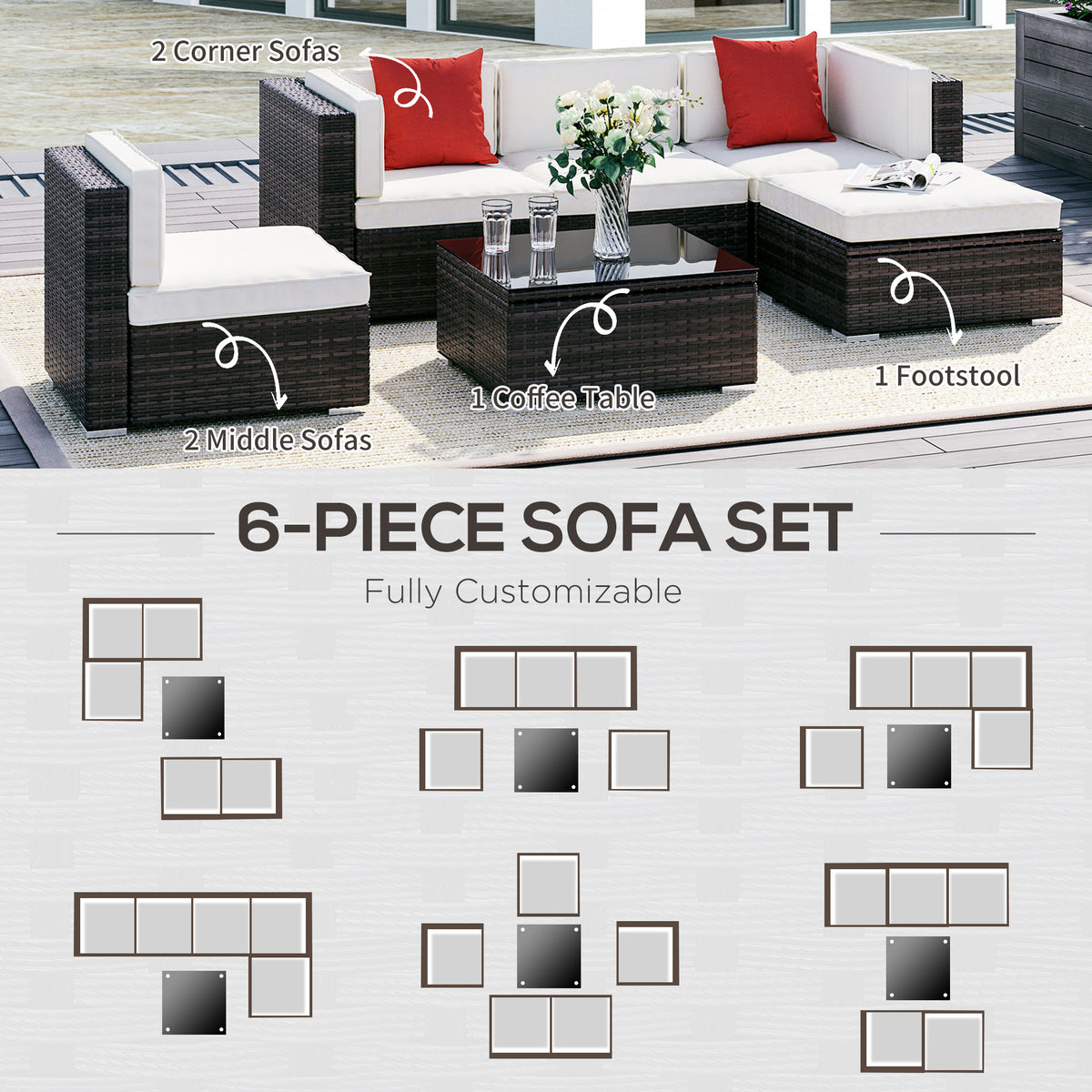 6 Piece Patio Furniture Set Outdoor Wicker Conversation Set All Weather PE Rattan Sectional Sofa Set with Ottoman, Cushions and Tempered Glass Table, Mixed Brown and Cream White