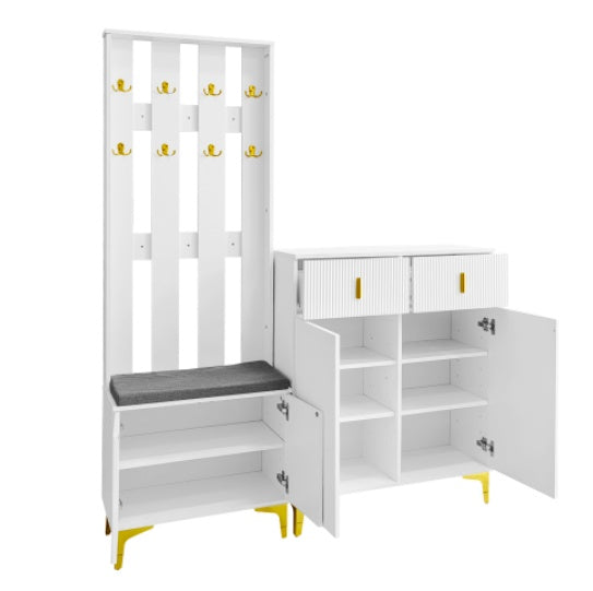 Wardrobe Set With Shoe Bench And Cushion, Wardrobe Front With Hooks, Shoe Cabinet With Drawers And Doors
