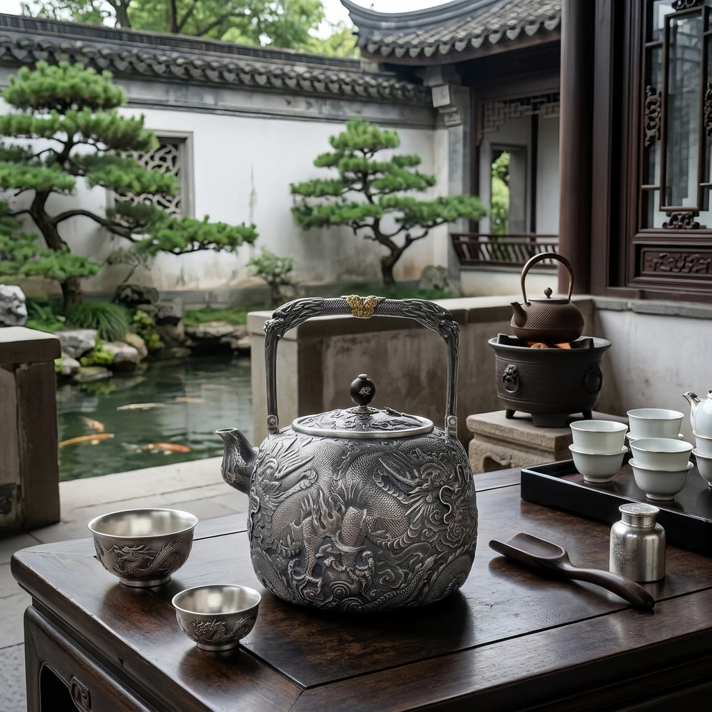Pure 999 Fine Silver Majestic Hand-Crafted Silver Dragon Teapot with Exquisite Relief Artistry - Handicraft