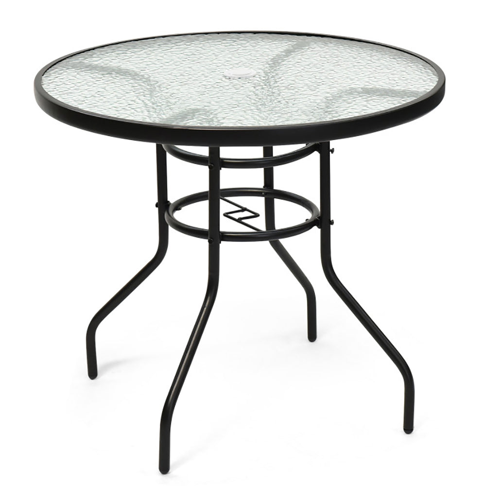 32 Inch Patio Tempered Glass Steel Frame Round Table With Convenient Umbrella Hole