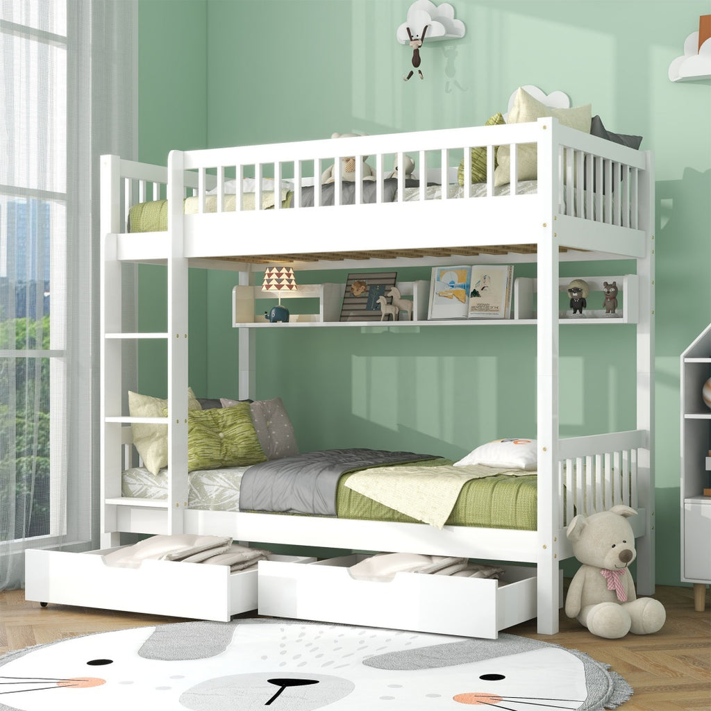 Bunk Bed, Kids Children, 3FT Solid Pine Wood Single Bed Frame & Under Bed Slide Drawer Storage, With Shelf, White 90x190cm
