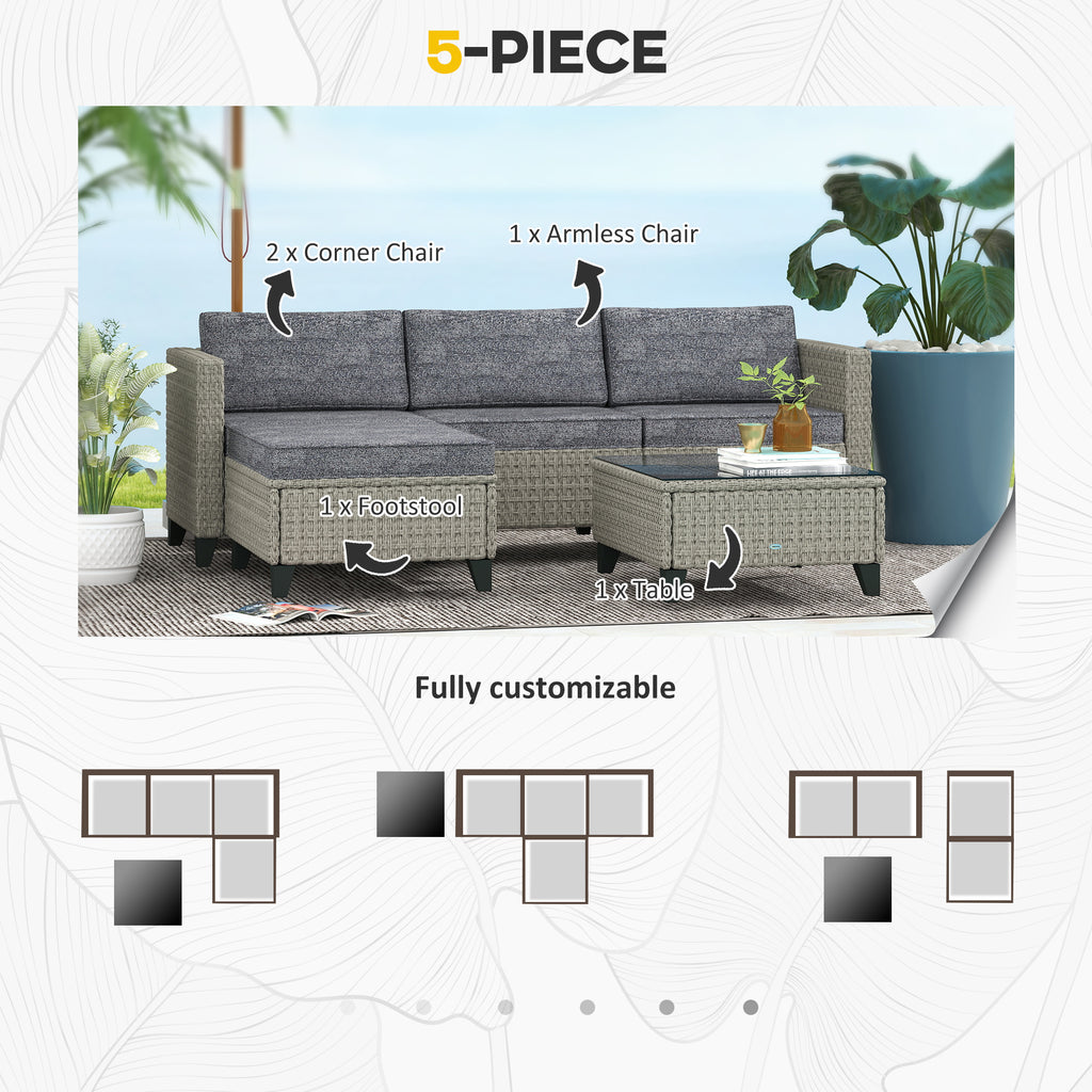 5-Piece Rattan Patio Furniture Set With Corner Sofa, Footstools, Coffee Table, For Poolside, Dark Grey