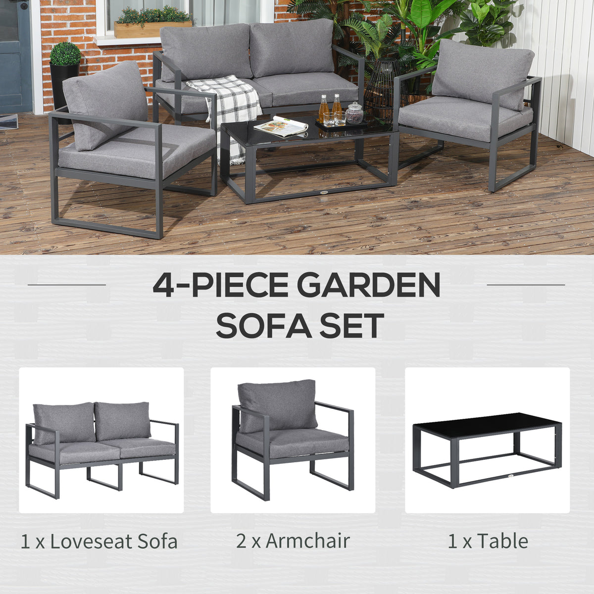 4 Pieces Garden Sofa Set 2 Single Armchair 1 Bench & Side Table Set Aluminium Frame Patio Furniture With Cushions Grey