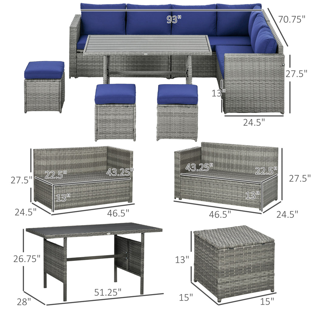 7 Piece Rattan Patio Furniture Set, Outdoor L-Shaped Sectional Sofa Conversation Set with Cushions, Storage, Dark Blue