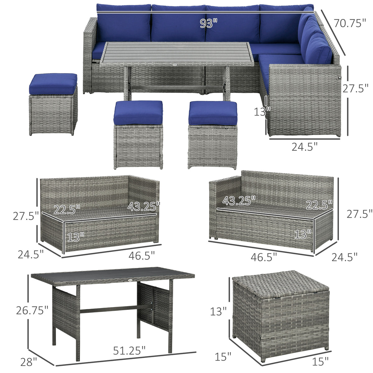 7 Piece Rattan Patio Furniture Set, Outdoor L-Shaped Sectional Sofa Conversation Set with Cushions, Storage, Dark Blue