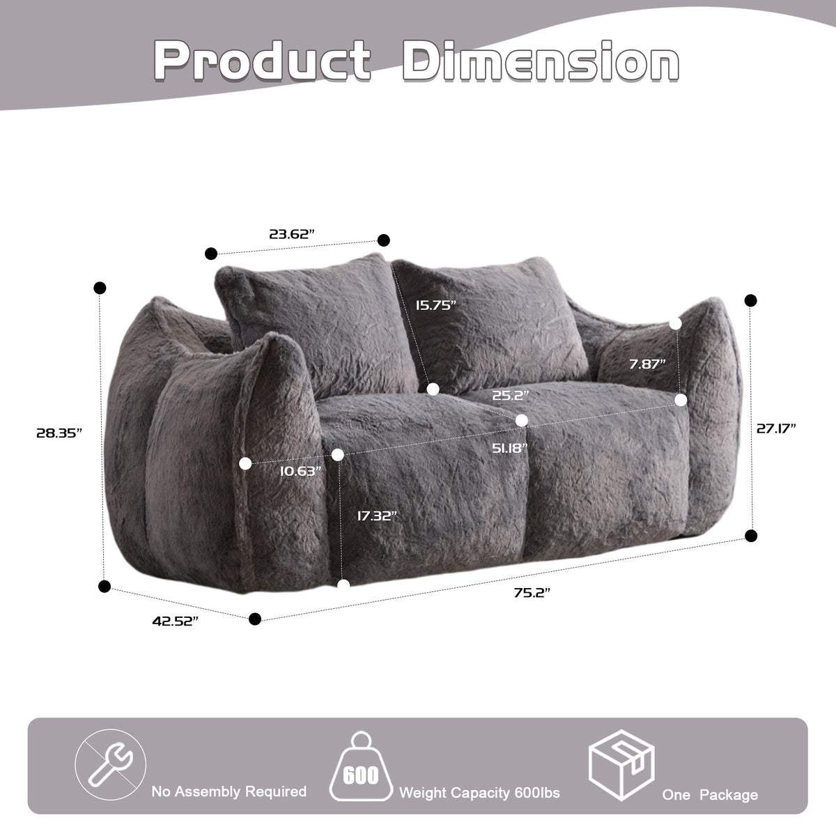 Giant Bean Bag Couch For Adults, Ultra Soft Fluffy Loveseat Bean Bag Sofa, Oversized Chase Lounge Chair Indoor For Living Room Bedroom, No Assembly Required Cozy Reading Chair With Pillows, Grey