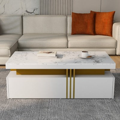 Modern White Rectangular Coffee Table With Marble Pattern Triamine Board Top And 2 Wooden Drawers, Living Room Table, 100x50x40cm
