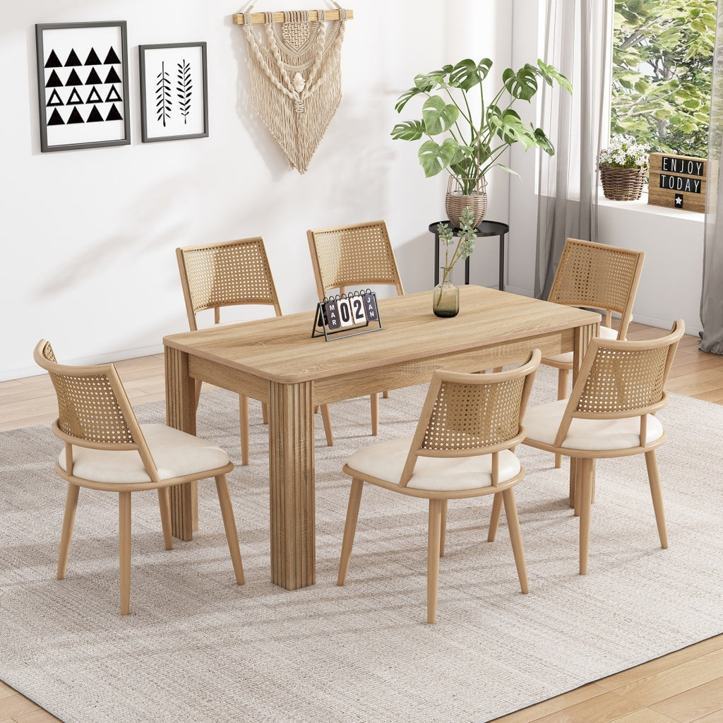 Set Of 6, PU Seat, Rattan Backrest, Bamboo Kitchen Chair With Imitation Rattan Backrest And Retro Side Armchair, Suitable For Home, Restaurant, Living Room, Cafe,beige