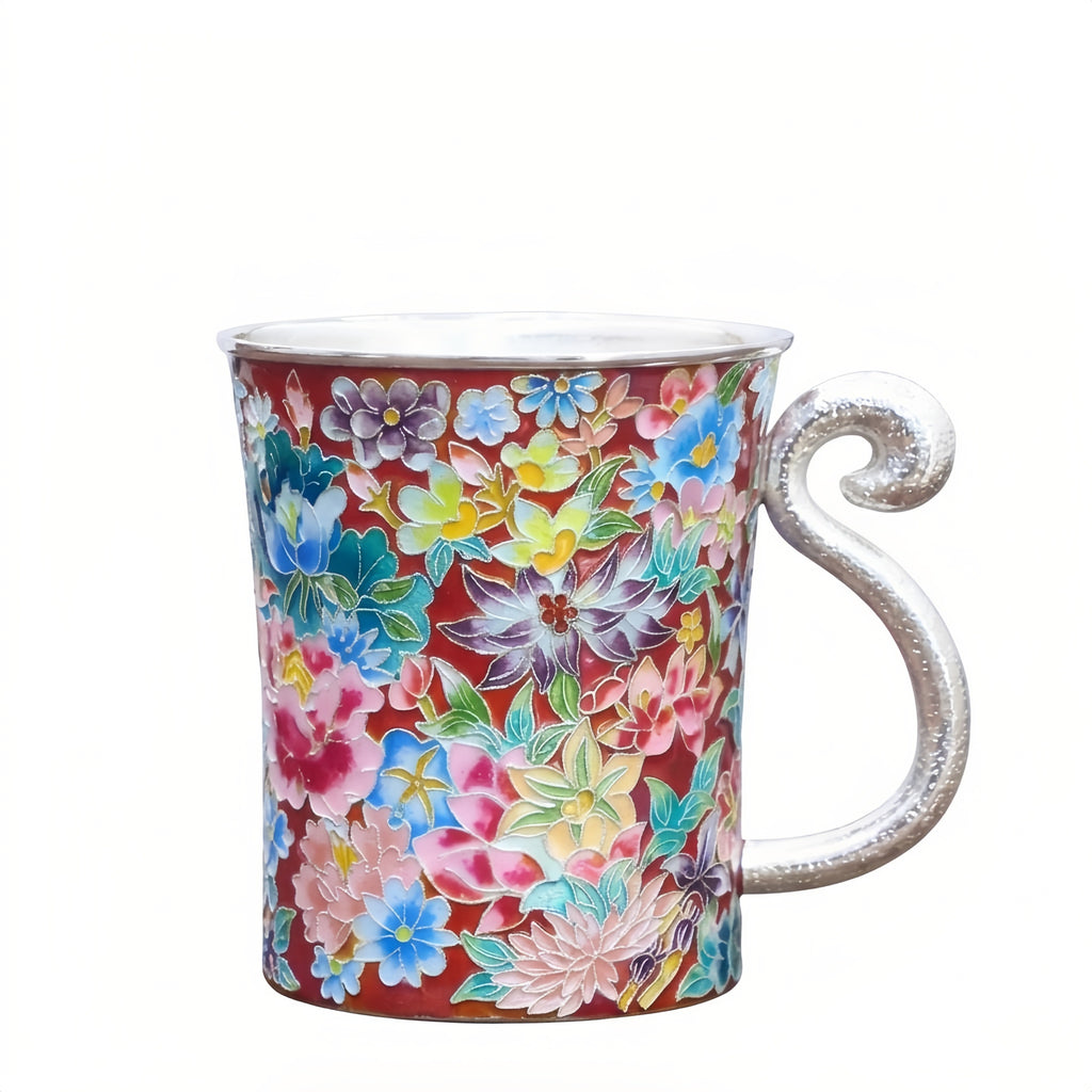 925 Sterling Silver Handcrafted Vibrant Multi-Color Floral Cloisonné Enamel Mug with Silver Handle - Handicraft