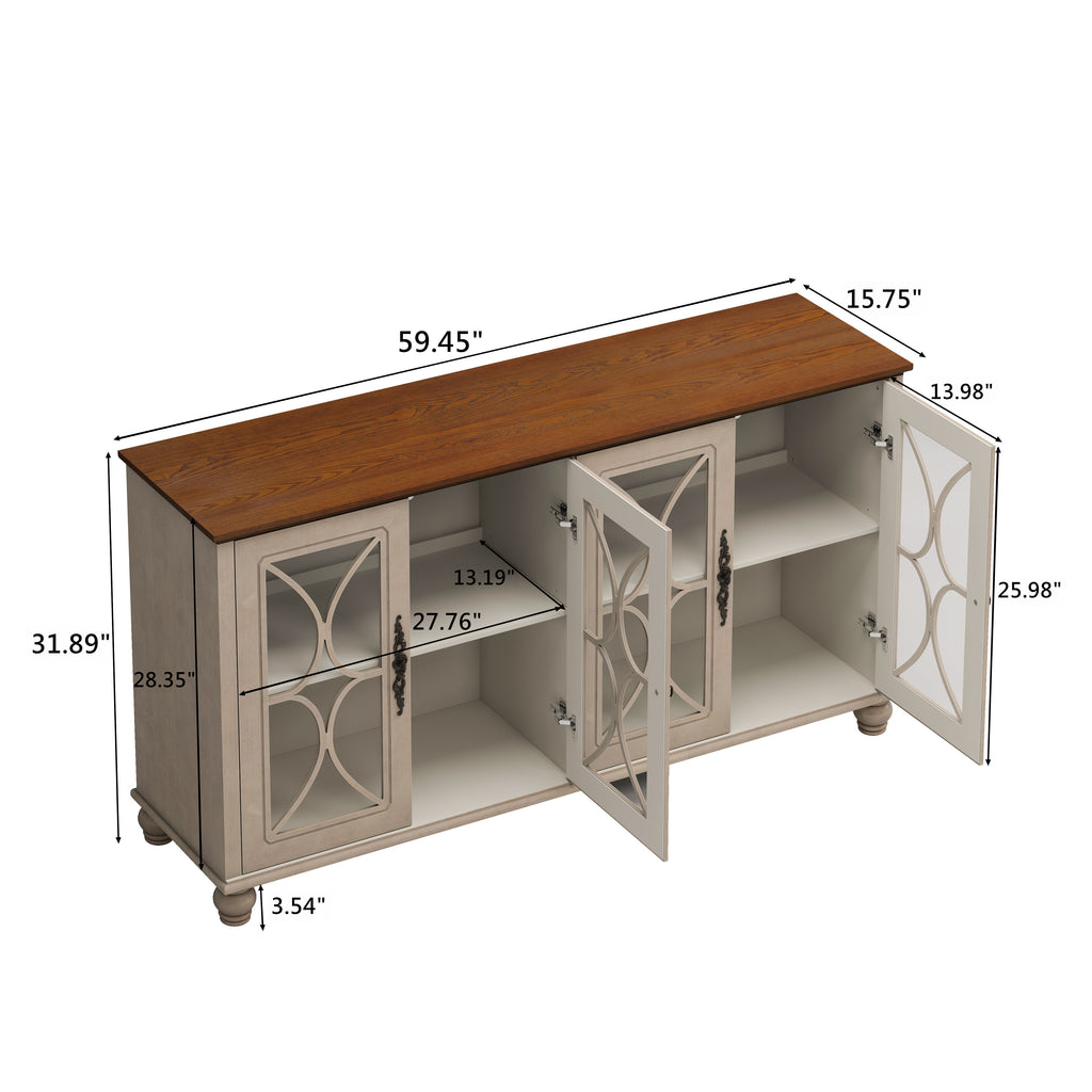 Elegant European Antique Style 4-Door Cabinet With Tempered Glass Doors,for Dining Room,Living Room,Hallway,Easy Assembly,Beige