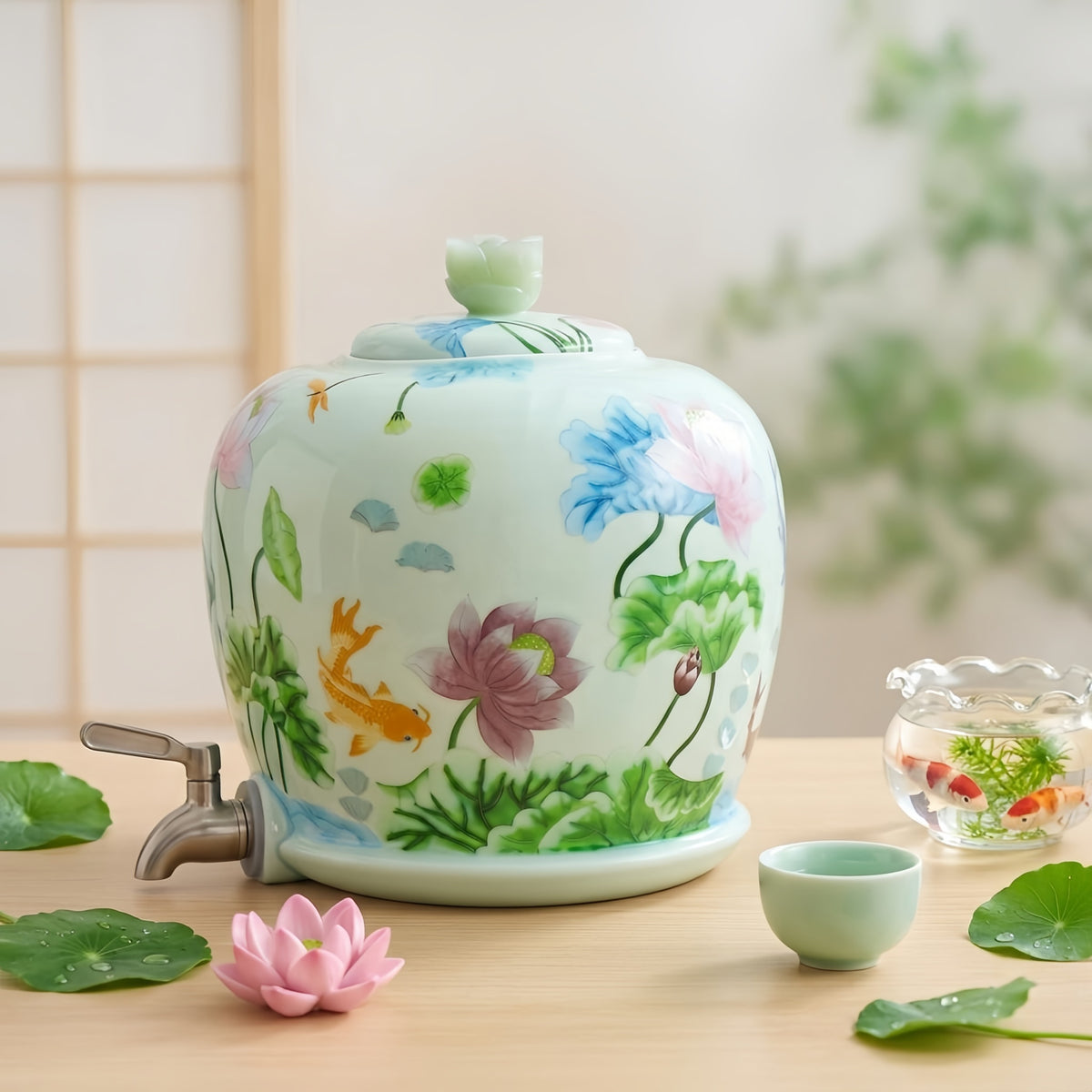 925 Sterling Silver Elegant Lotus and Koi Hand-Painted Ceramic Beverage Dispenser with Metal Tap - Handicraft