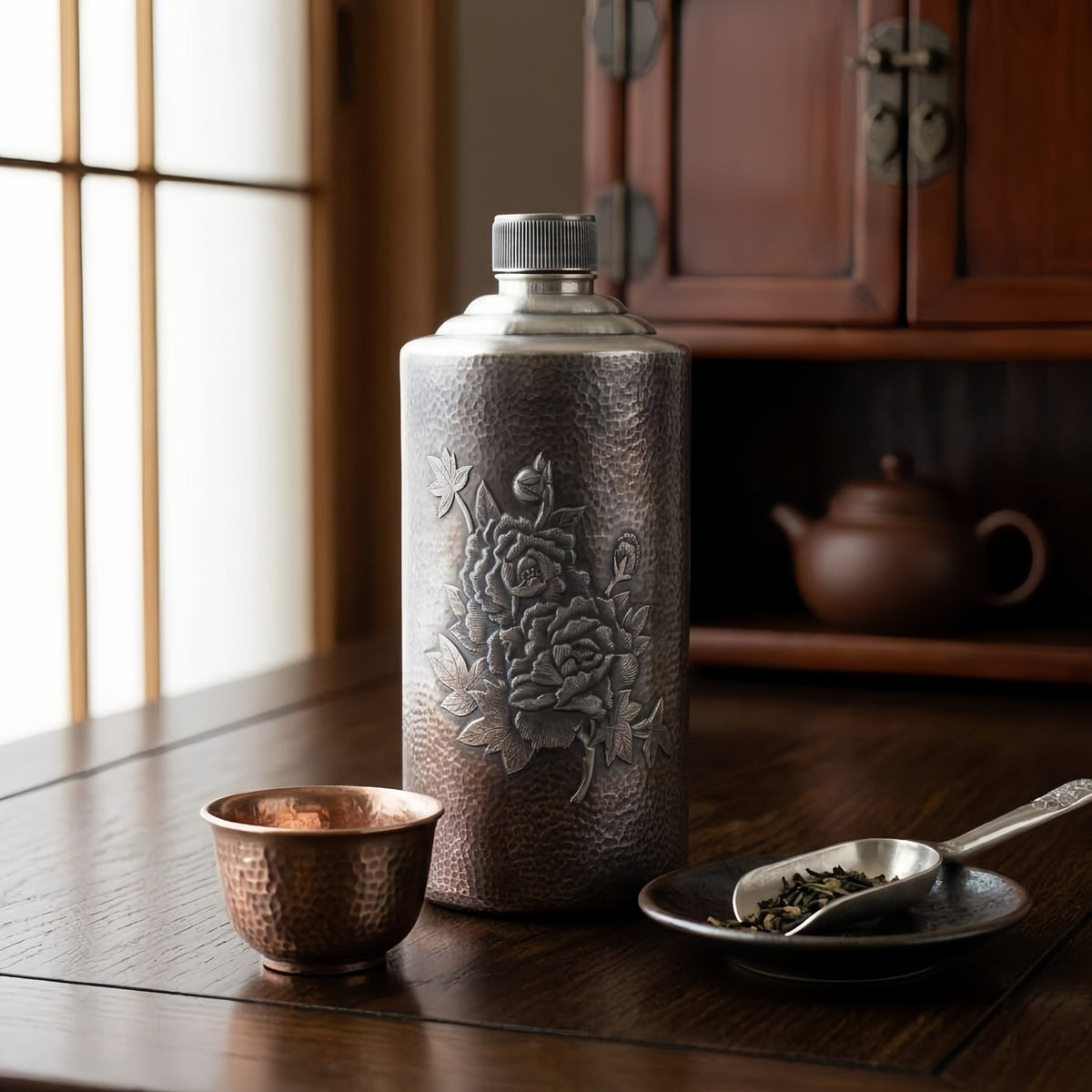 925 Sterling Silver Vintage Hammered Metal Flask with Elegant Embossed Peony Flower Pattern - Handicraft