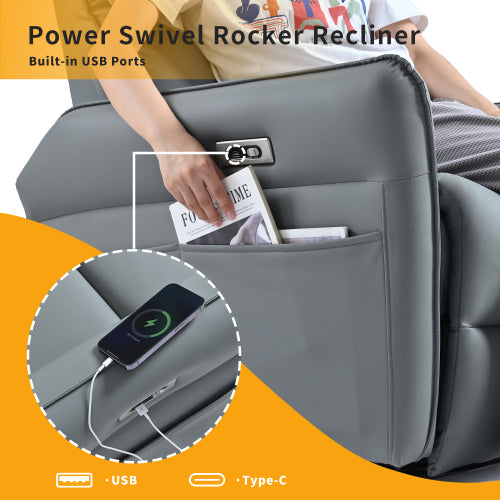 270 Power Swivel Rocker Recliner Chair, PU Leather Electric Glider Reclining Sofa With USB Ports, Power Swivel Glider, Rocking Chair,Nursery Recliners For Living Room Bedroom  Light Gray  270Swivel