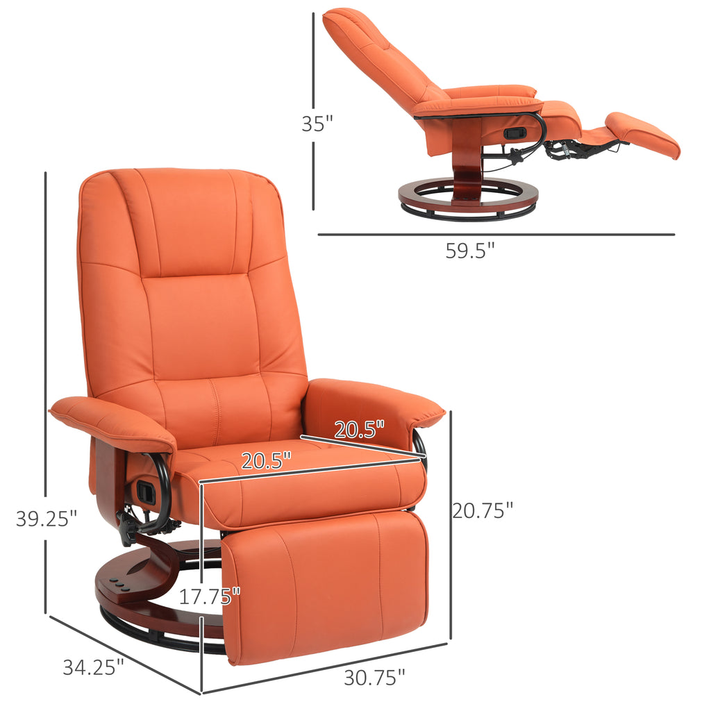 Faux Leather Recliner Chair, Swivel Recliner with Footrest, Armrest and Wood Base for Living Room, Orange