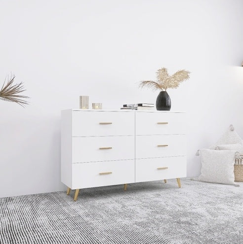 High Glossy Surface 6 Drawers Chest Of Drawer With Golden Handle And Golden Steel Legs White Color Vanity