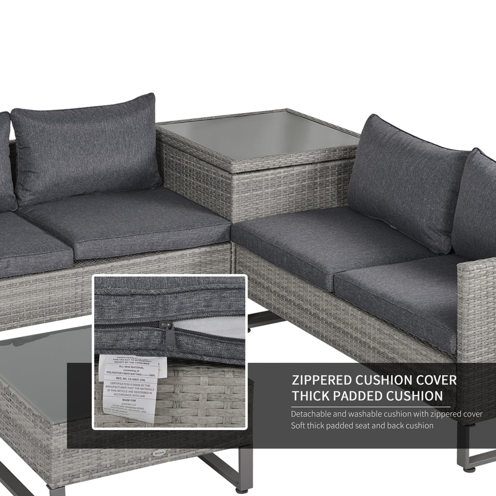 4 Pieces Rattan Garden Furniture Set, 4 Seater Garden Sofa Set With Storage Box, Loveseats And Glass Top Table, Wicker Outdoor Conservatory Furniture With Cushions For Outdoor, Patio, Grey