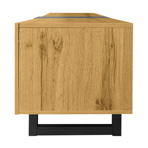 Colorblock TV Cabinet, Simple Contrasting Color Design, Three Doors And Two Compartments, U-Shaped Metal Legs, Retro Wood Grain