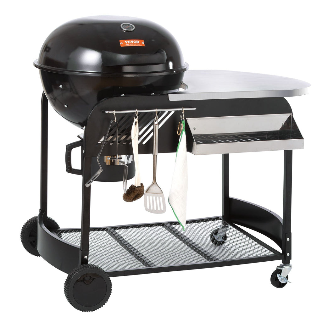 21 Inch Portable Charcoal Grill, Propane Gas Kettle Grills With Cover And Cart, Heavy Duty Iron BBQ Grill, Freestanding Smoker For Outdoor Cooking, Barbecue Camping, Picnic, Backyard Black